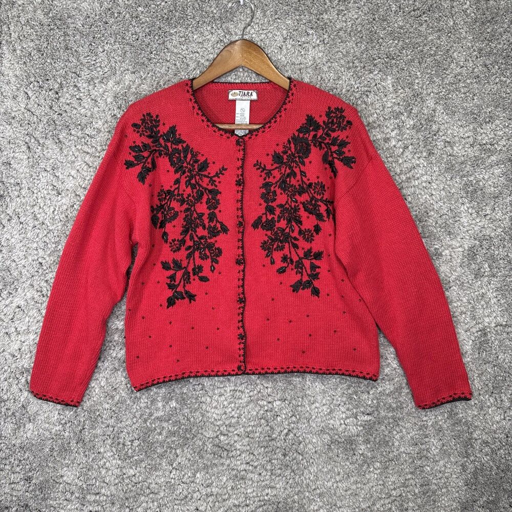 Vtg Tiara International Embroidered Cardigan Sweater Red Black Medium Petite